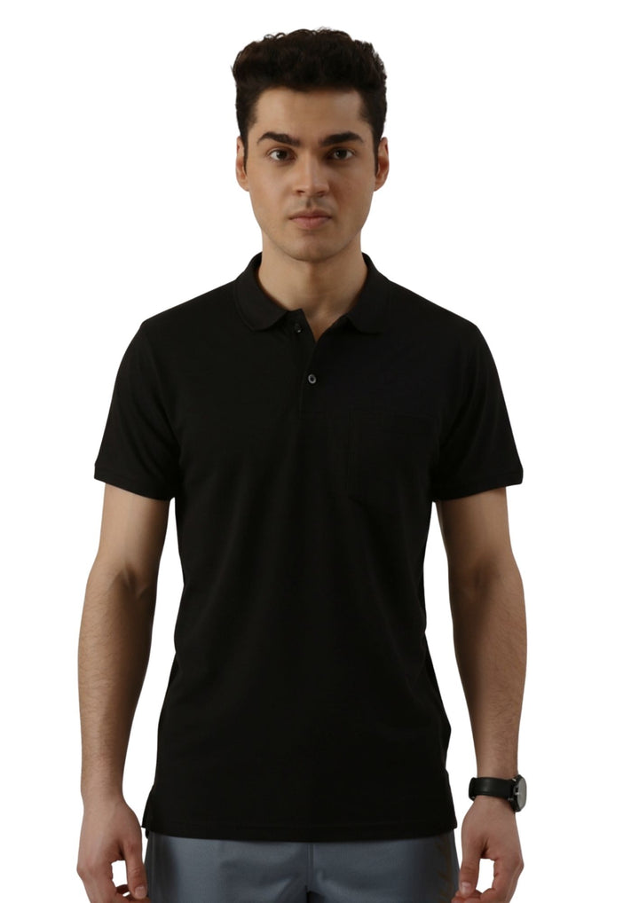 Man wearing a black polo shirt on a white background